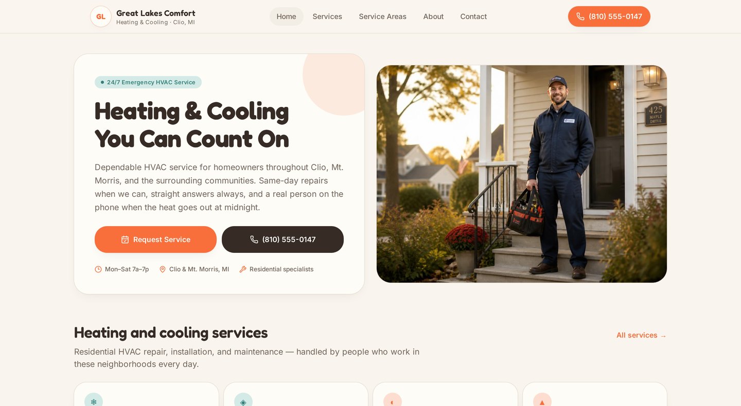 Great Lakes Comfort Solutions homepage concept with hero headline and service request buttons